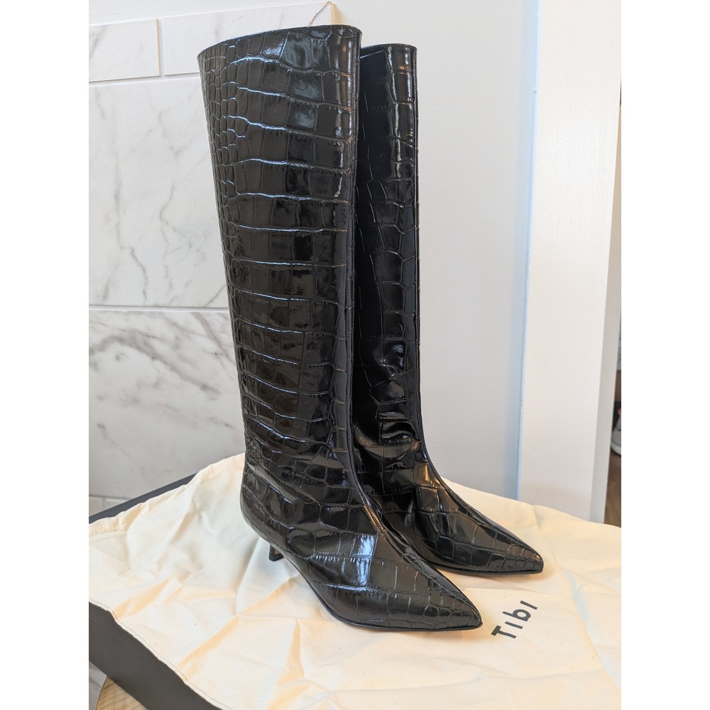 NIB Tibi Collier Black Embossed Croc Leather Knee High Kitten Heel Boots 35